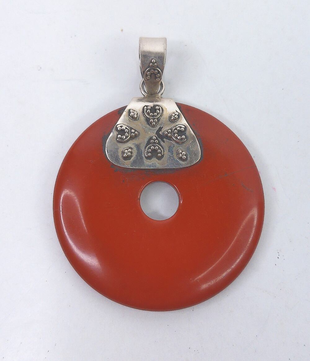 Vintage Sterling Silver Red Jasper Donut Pendant Natural Stone